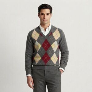 Hawico Scotland men's V-neck sweater size S 100% lambswool argyle gray red, NWOT